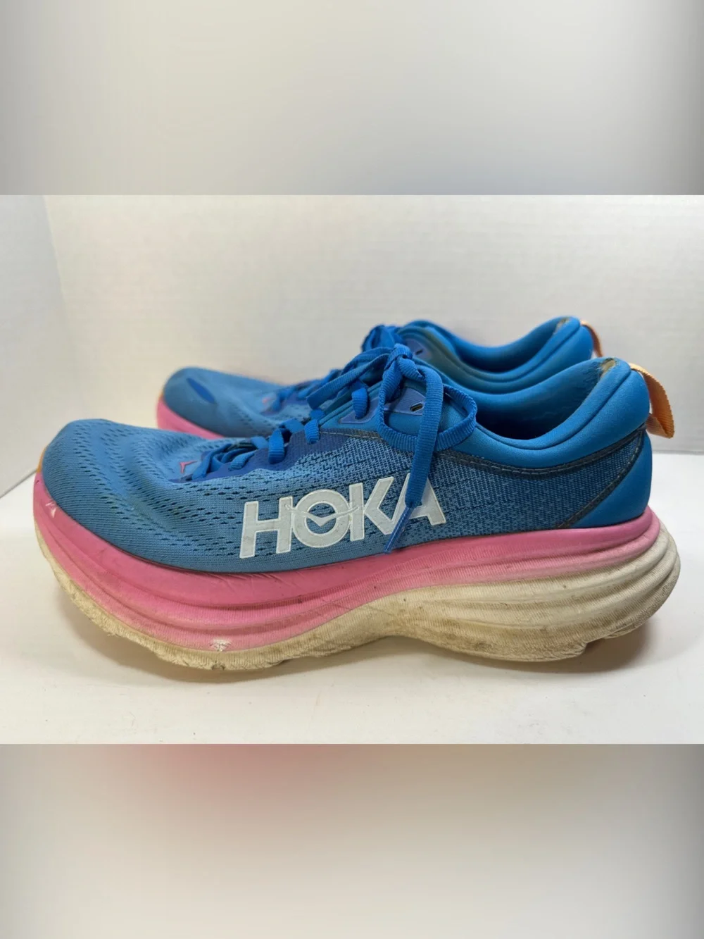 Hoka Bondi 8 Women's Blue Running Shoes Size 9 Pink Cream Midsole